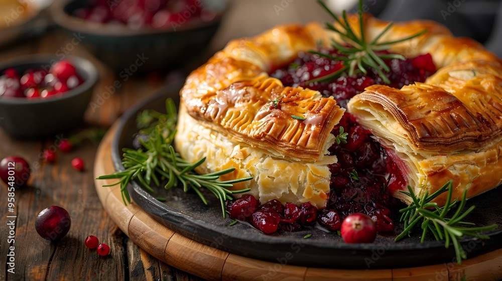 Brie en Croute with Cranberry Sauce Flaky Pastry and Creamy Cheese Festive Appetizer Concept Brie en Croute with Cranberry Sauce Flaky Pastry and Creamy Cheese Festive Appetizer Concept