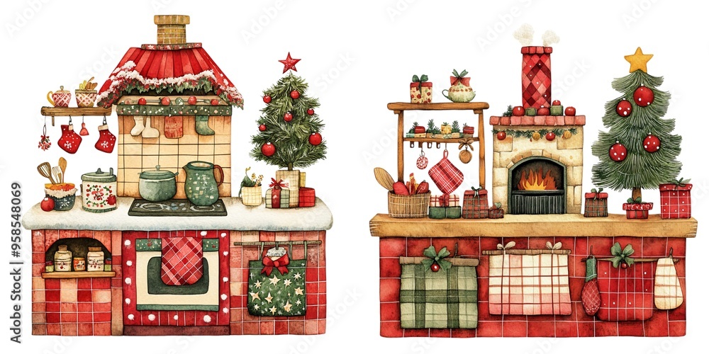 Cozy holiday kitchen scene with festive decorations and warm colors. Perfect for Christmas-themed designs and illustrations. Cozy holiday kitchen scene with festive decorations and warm colors. Perfect for Christmas-themed designs and illustrations.