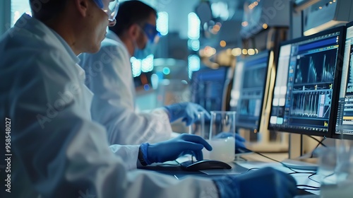 Close-up of a scientist and engineer collaborating on computer algorithms and software development in a research lab, highlighting their focus and expertise, photographed with HD clarity