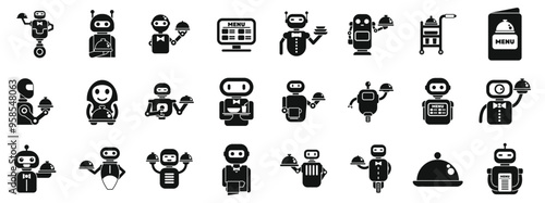 Robot waiter icons set. Robot food delivery service icons set in simple style. Restaurant chatbot icons collection
