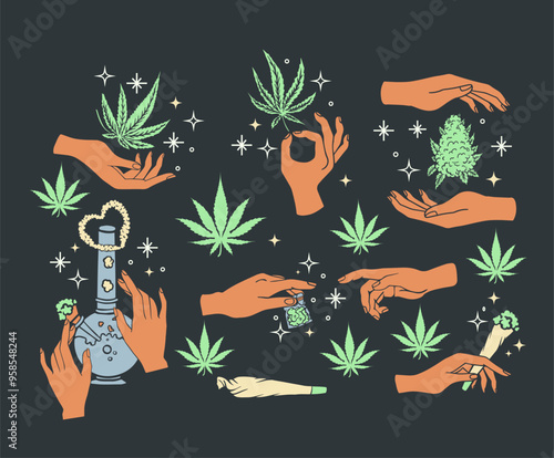 magic hands set with cannabis, joint, marijuana, cone, bong