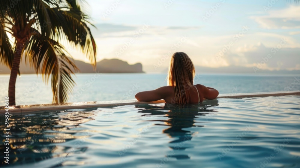 Perfect island view Woman relaxing in pool while gazing towards ocean Perfect island view Woman relaxing in pool while gazing towards ocean