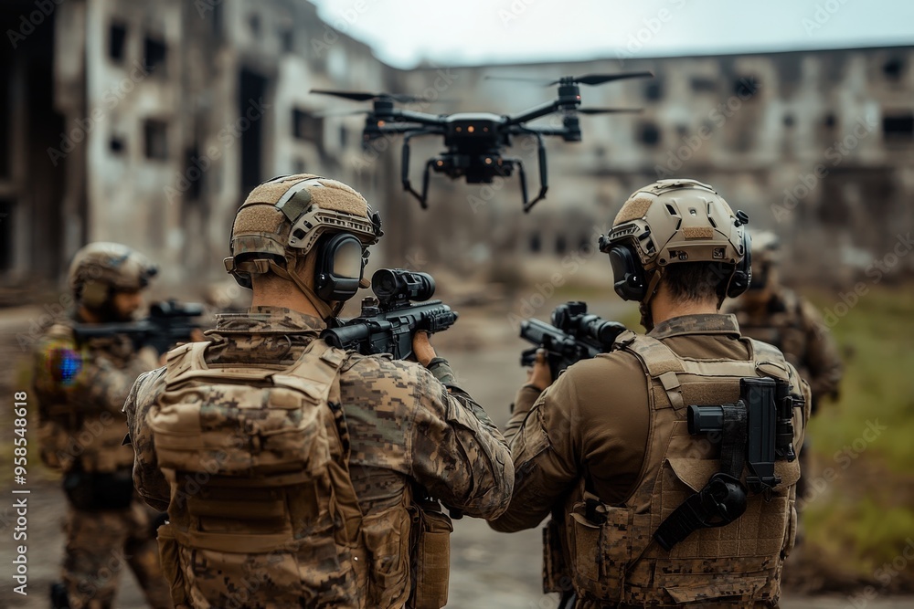 Obraz premium Group of uniformed military personnel using advanced technology and drones for reconnaissance in a war-torn urban setting, showcasing modern warfare techniques.