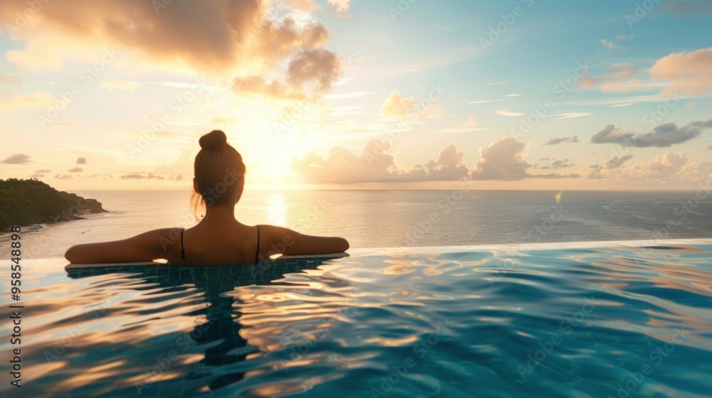 Perfect island view Woman relaxing in pool while gazing towards ocean Perfect island view Woman relaxing in pool while gazing towards ocean