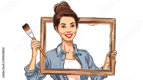 Young Businesswoman Holding Paint Brush and Wooden Frame