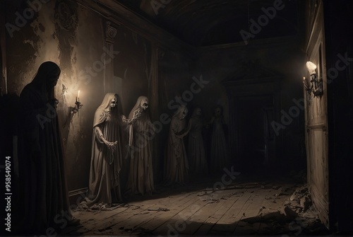 Mysterious hooded figures in dark candlelit stone corridor