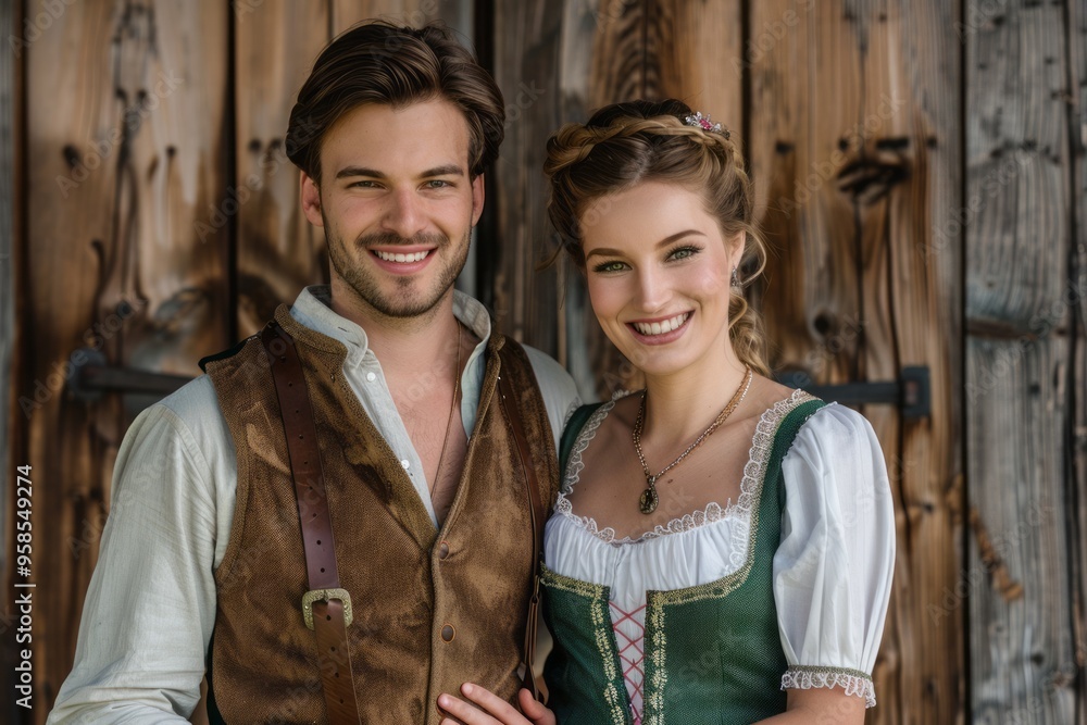 A young couple in traditional Bavarian clothing smiles against a wooden wall background A young couple in traditional Bavarian clothing smiles against a wooden wall background