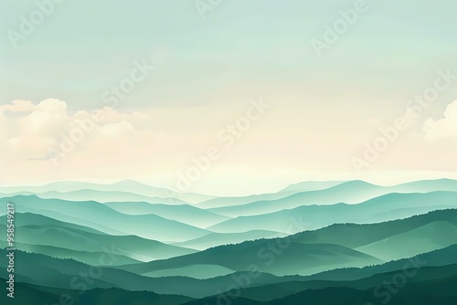 Layered mountain silhouettes in green tones against pastel sky, perfect for minimalist landscape designs, nature-inspired branding and environmental conservation themes.