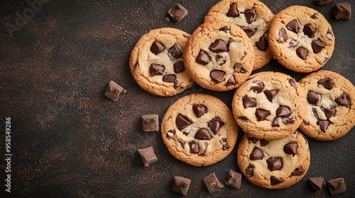 Chocolate Chip Cookies on a Dark Brown Surface