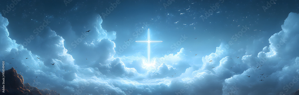 “A Large Cross Floating in the Clouds, Birds Flying Around in a Serene and Spiritual Scene”
“A Large Cross Floating in the Clouds, Birds Flying Around in a Serene and Spiritual Scene”