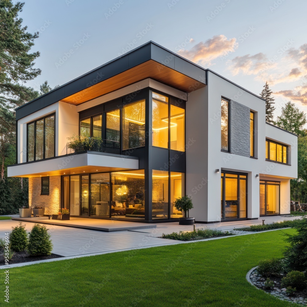 Newly built modern home with large windows and clean lines 
