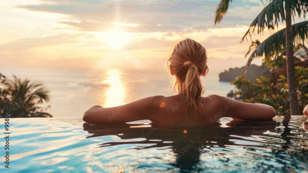 Perfect island view Woman relaxing in pool while gazing towards ocean Perfect island view Woman relaxing in pool while gazing towards ocean