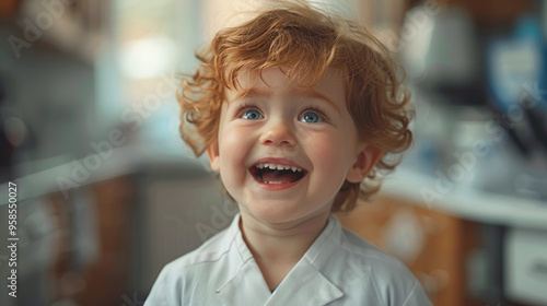 Happy little child smiling carefree at a dentist appointment.
