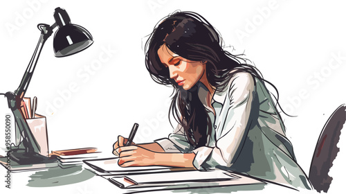 Young Businesswoman Sitting at Desk and Working
