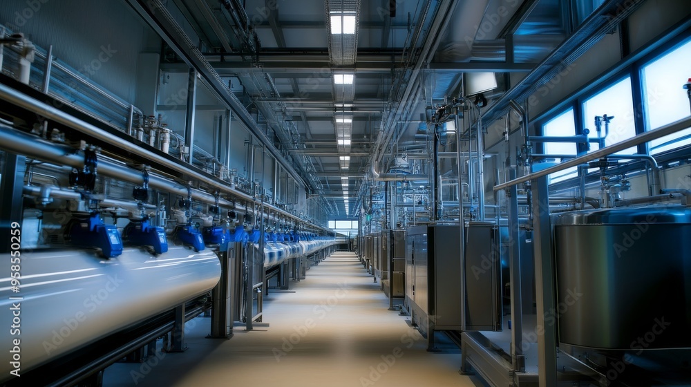 Modern Dairy Farm Interior with Automated Milking System and Cows
Modern Dairy Farm Interior with Automated Milking System and Cows