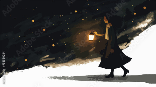 Young Businesswoman Walking in Darkness with Lantern