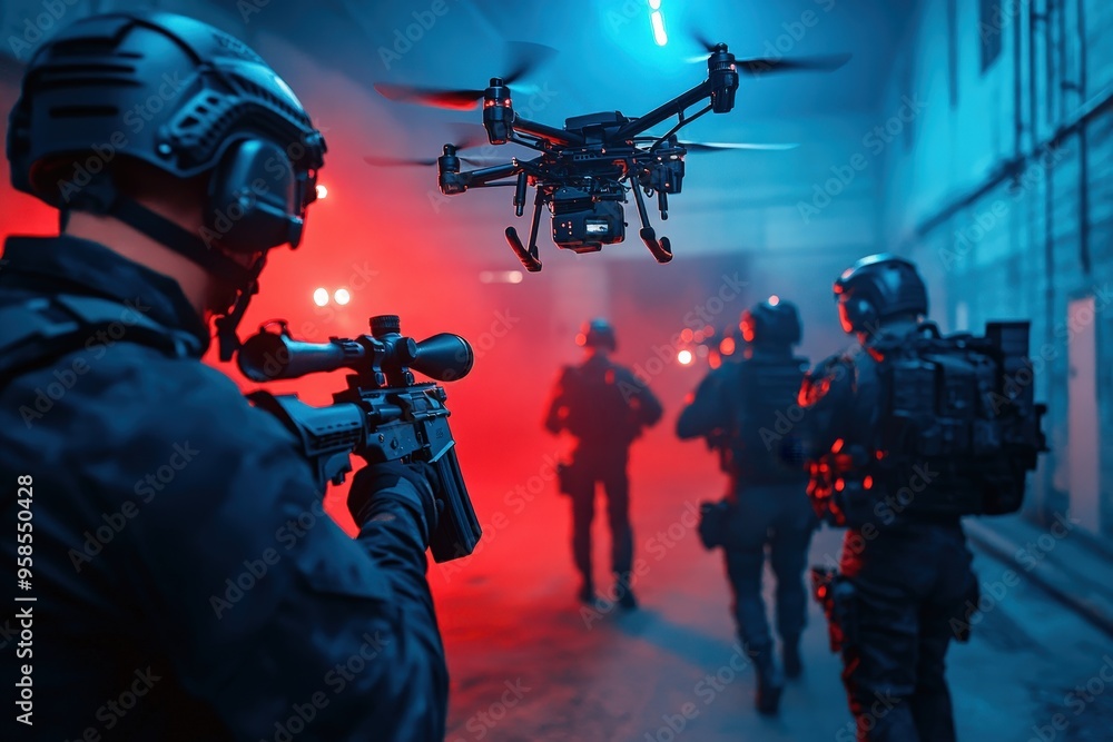 Soldiers in tactical gear, illuminated by blue and red lights, move through a building during a nighttime operation, with drones providing aerial support, demonstrating advanced strategies. Soldiers in tactical gear, illuminated by blue and red lights, move through a building during a nighttime operation, with drones providing aerial support, demonstrating advanced strategies.