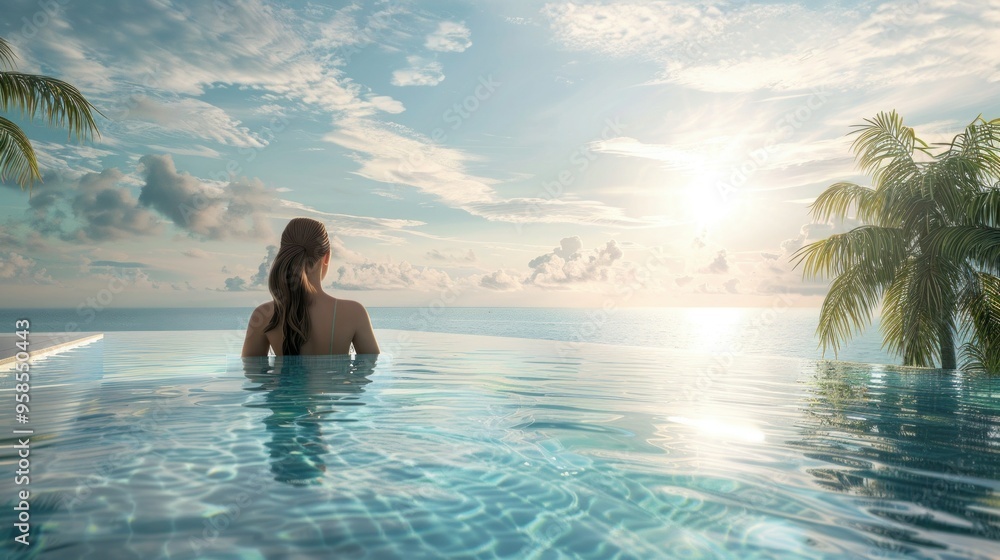 Perfect island view Woman relaxing in pool while gazing towards ocean Perfect island view Woman relaxing in pool while gazing towards ocean