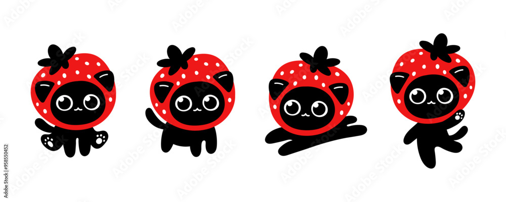 Black cat illustration set. Vector black cat with strawberry hat. Black cat illustration set. Vector black cat with strawberry hat.