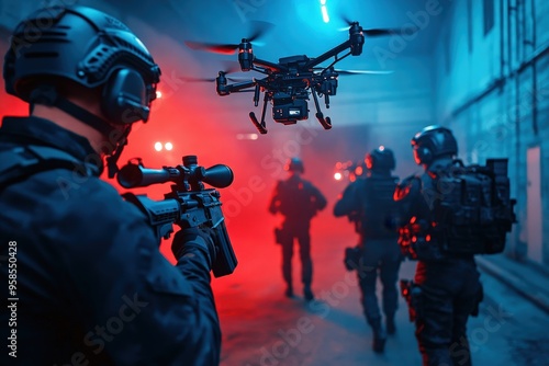 Soldiers in tactical gear, illuminated by blue and red lights, move through a building during a nighttime operation, with drones providing aerial support, demonstrating advanced strategies.