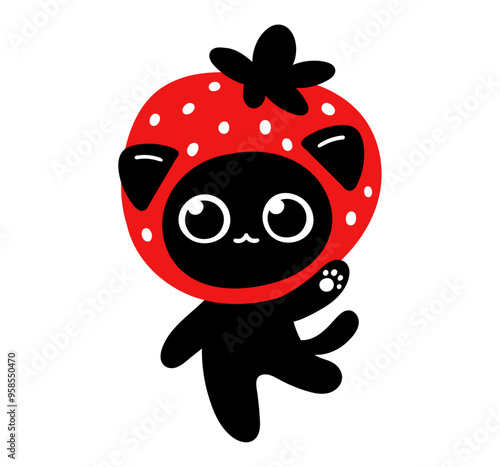 Waving cat illustration. Vector black cat with strawberry hat.