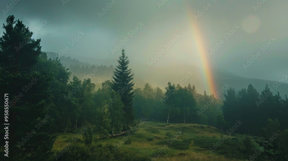 Picturesque landscape evening rainbow Picturesque landscape evening rainbow