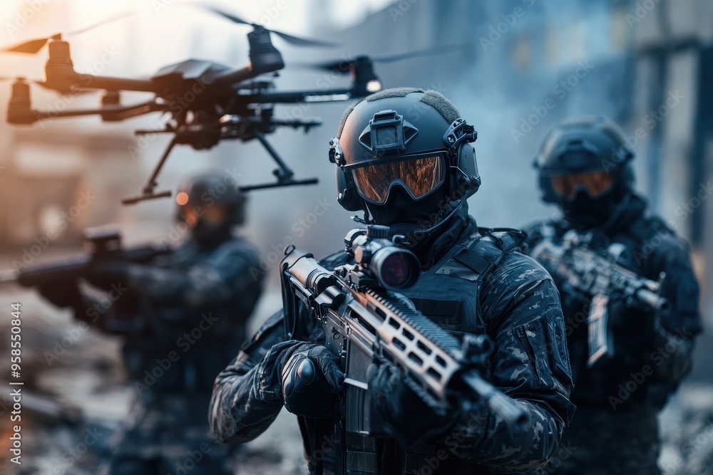 In tactical gear, an armed soldier focuses on his target while drones provide assistance. The background displays ruins, indicating a high-stakes mission in a war-torn area. In tactical gear, an armed soldier focuses on his target while drones provide assistance. The background displays ruins, indicating a high-stakes mission in a war-torn area.