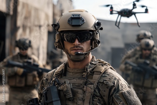 A soldier in tactical gear leads a team during an operation in a war-torn setting, while drones provide crucial aerial support. The environment highlights destruction and conflict.