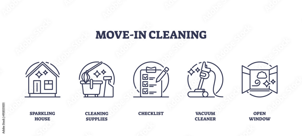 Move in home cleaning after new house purchase outline icons collection set. Labeled shiny and clean property, hygiene supplies, vacuum cleaner and checklist for efficiency vector illustration. Move in home cleaning after new house purchase outline icons collection set. Labeled shiny and clean property, hygiene supplies, vacuum cleaner and checklist for efficiency vector illustration.