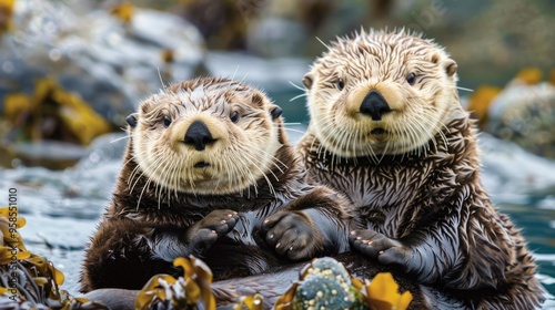 Sea otters along the rocky coastline of the Pacific Northwest. Their fluffy fur and nimble paws captivate onlookers.