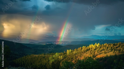 Picturesque landscape evening rainbow