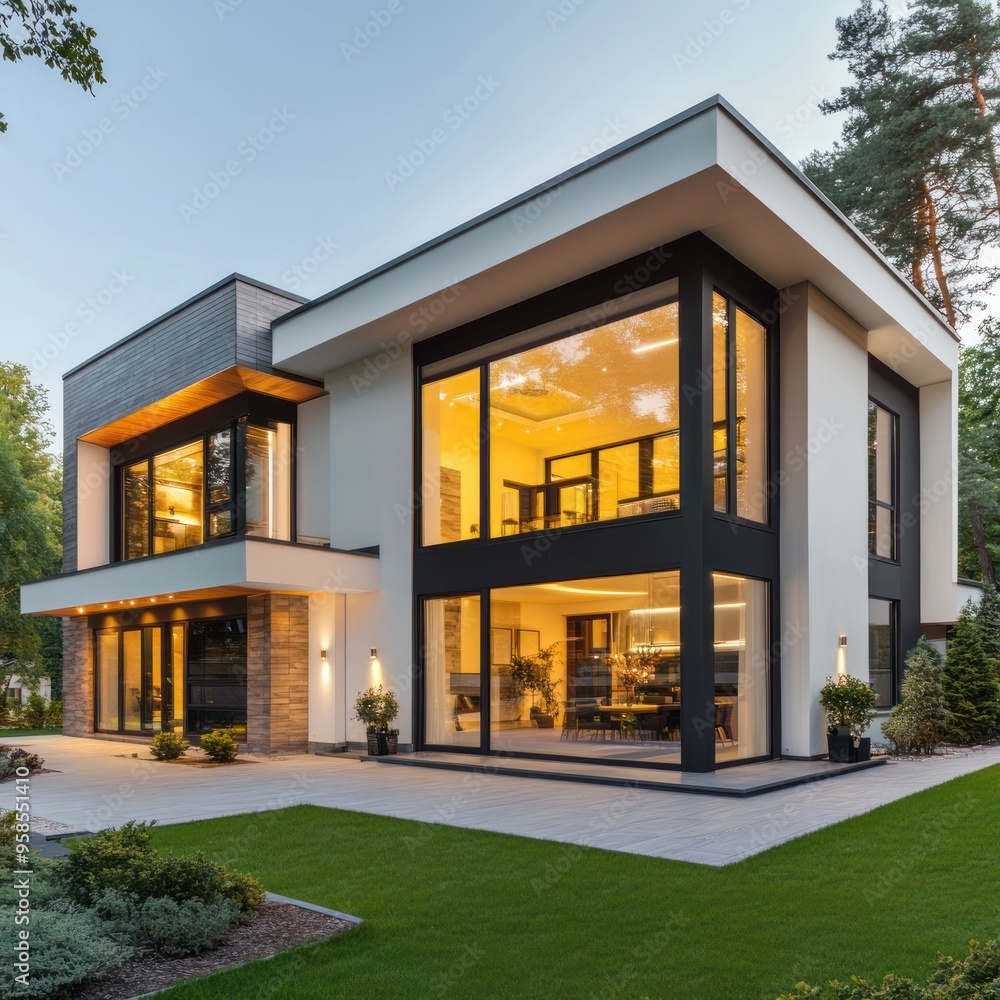 Newly built modern home with large windows and clean lines Newly built modern home with large windows and clean lines