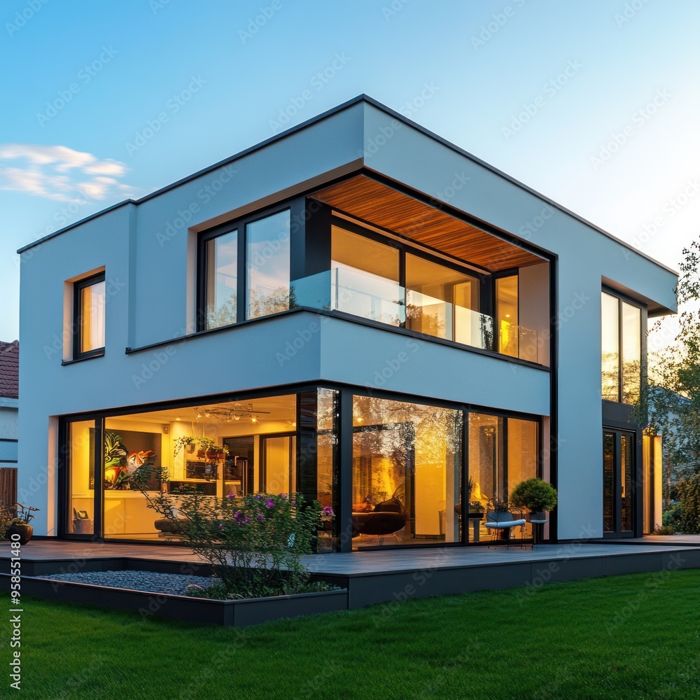 Newly built modern home with large windows and clean lines Newly built modern home with large windows and clean lines