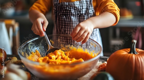 Child Helping Stir Pumpkin ...