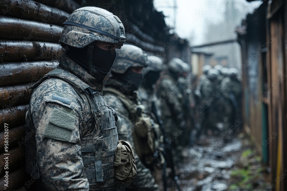 Obraz premium A soldier in advanced combat gear stands guard in a defensive stance while his comrades, also in combat gear, line up behind him, preparing for an impending operation.