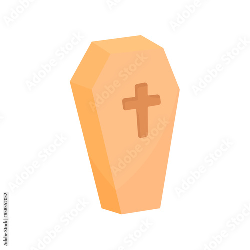 Wooden coffin with a cross in cartoon style on a white isolated background. A beautiful coffin for Halloween cards. Halloween coffin.