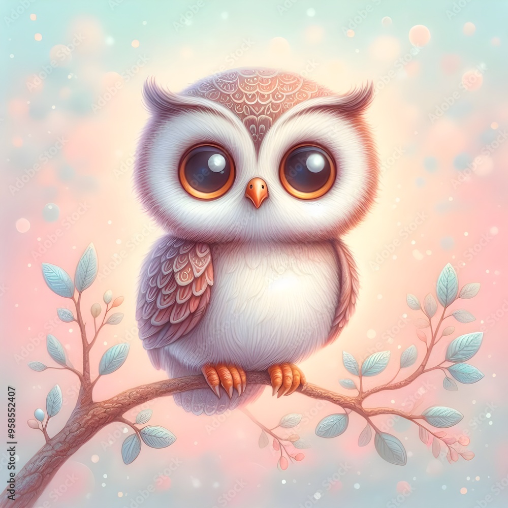 Cute Little Owl with Big Eyes Sitting on a Branch Cute Little Owl with Big Eyes Sitting on a Branch