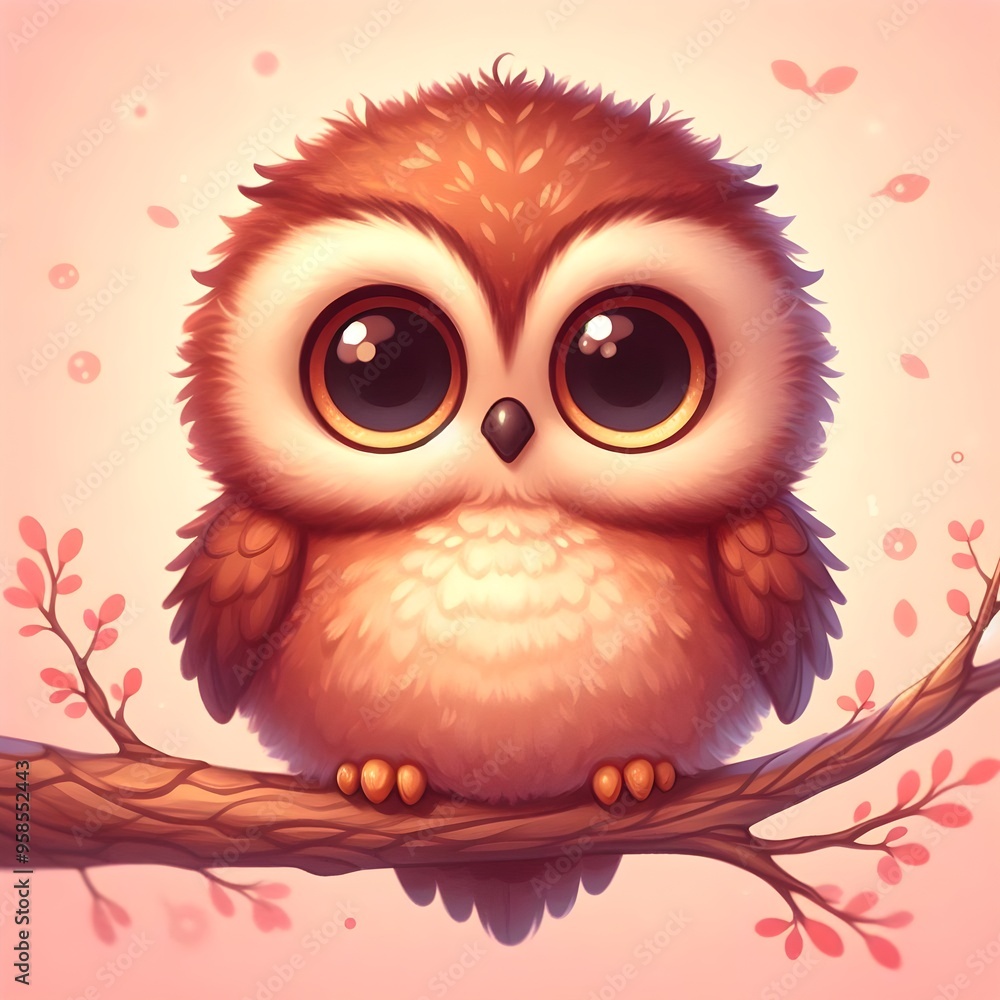 Cute Little Owl with Big Eyes Sitting on a Branch Cute Little Owl with Big Eyes Sitting on a Branch