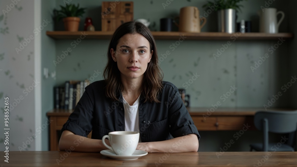 Young Woman with Coffee in Cafe: Portrait of Millennial Enjoying a Cup Young Woman with Coffee in Cafe: Portrait of Millennial Enjoying a Cup