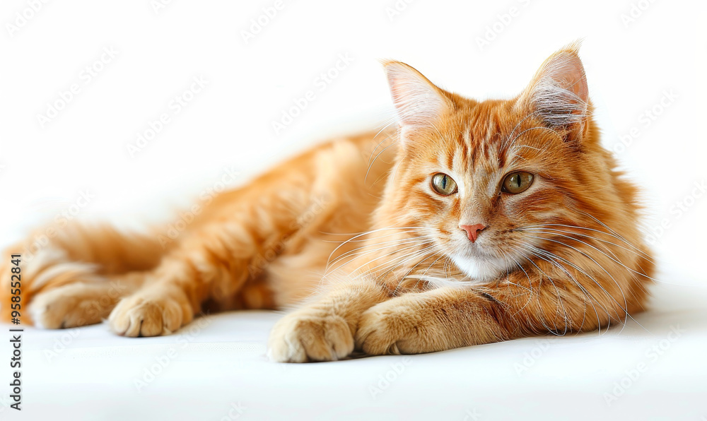 Obraz premium Relaxed Ginger Tabby Cat Lounging Peacefully on White Surface, Adorable Feline With Amber Eyes in Serene Pose