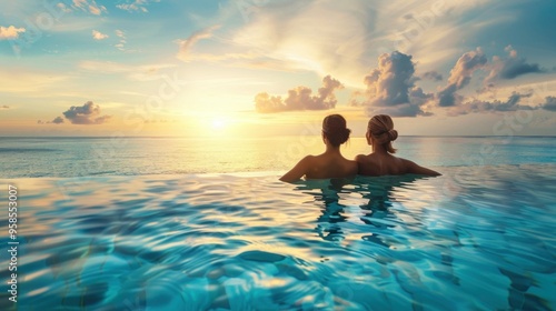 Perfect island view Woman relaxing in pool while gazing towards ocean