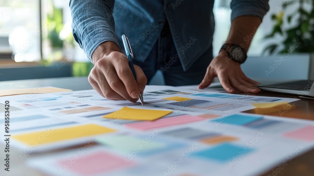 Entrepreneur reviewing a business plan with a focus on company milestones and goals Business plan presentation Entrepreneur reviewing a business plan with a focus on company milestones and goals Business plan presentation