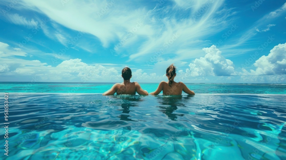 Perfect island view Woman relaxing in pool while gazing towards ocean Perfect island view Woman relaxing in pool while gazing towards ocean
