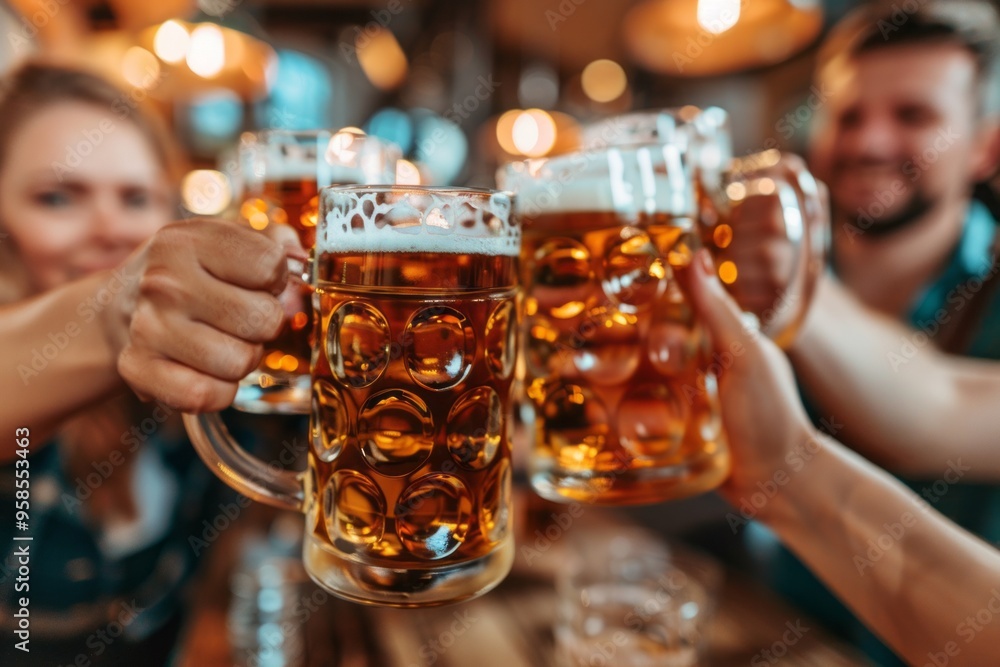 A group of friends in traditional Bavarian costumes raise large beer mugs at Oktoberfest A group of friends in traditional Bavarian costumes raise large beer mugs at Oktoberfest