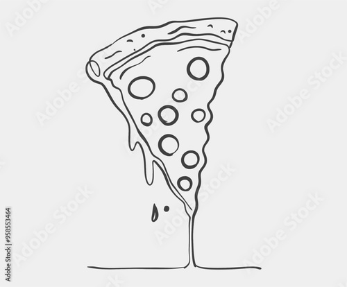 A detailed black and white drawing depicting a pizza, showcasing several slices that have been taken out and removed from it