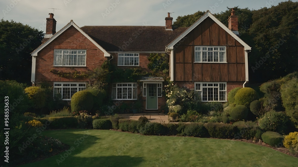 Obraz premium Picturesque english dining room featuring a classic wooden table and elegant curtains