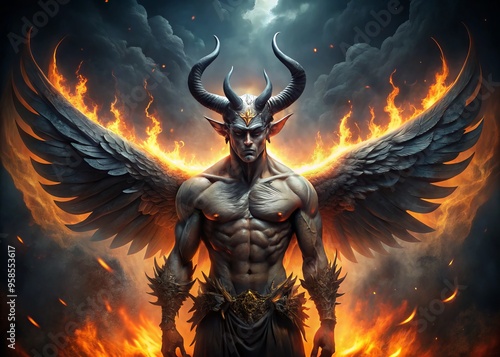 A majestic figure with horns and wings stands amidst a backdrop of flames, symbolizing rebellion and power in photo