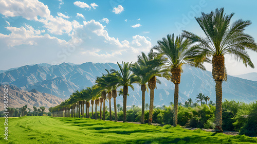 Green landscape with a row of palm trees and moun ai genrative