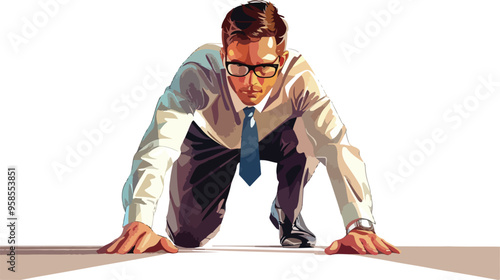 Young Determined Businessman in Starting Position Ready to Race