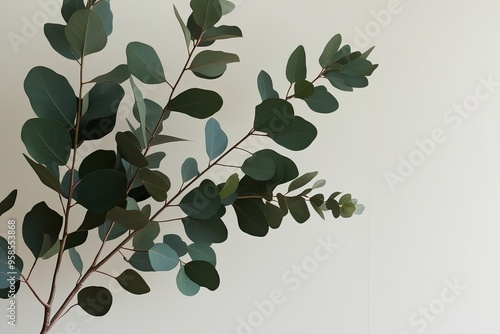 Eucalyptus Leaves Against a Soft White Background in Natural Light